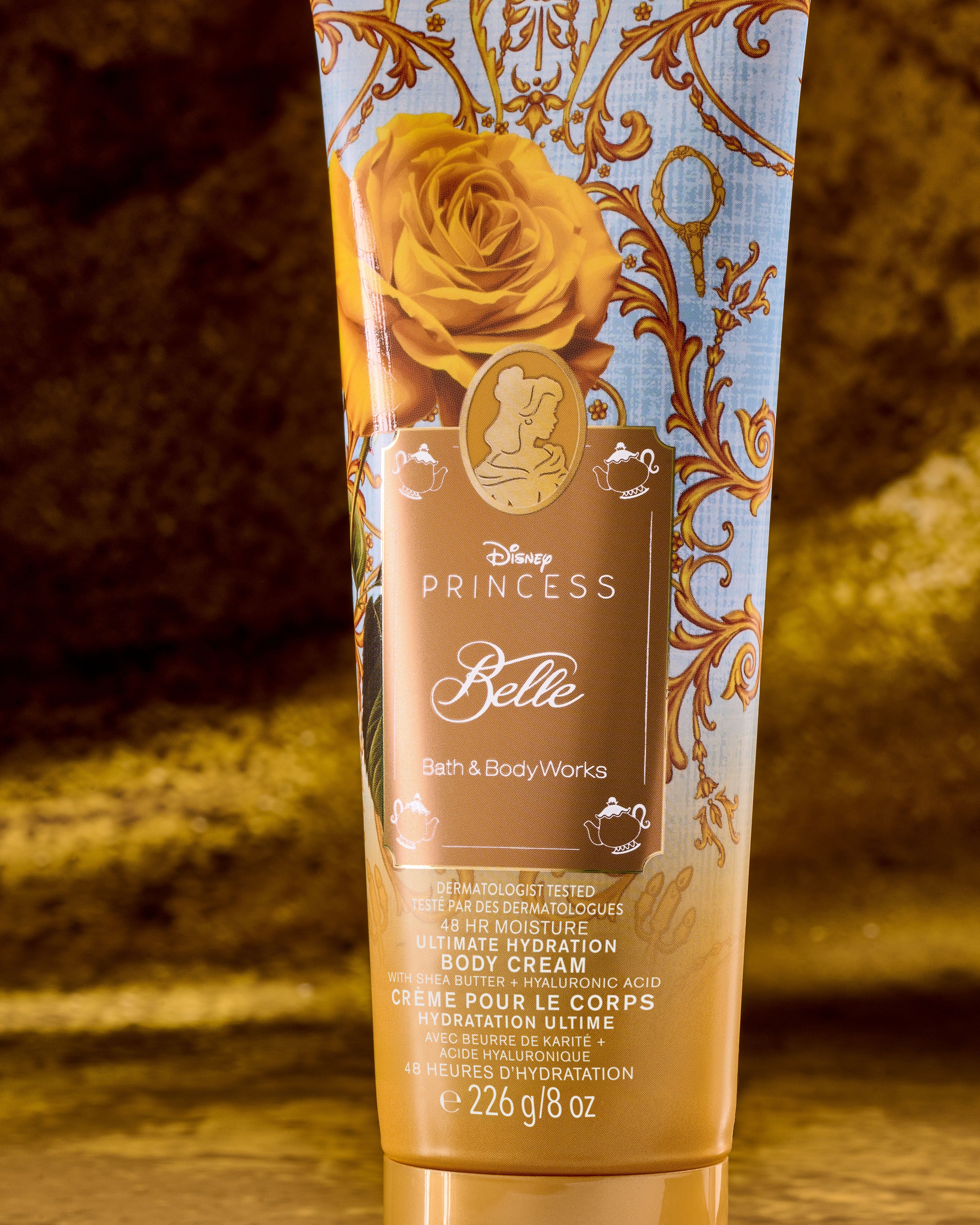 Cremă de corp Belle Disney Princess – design auriu‑albastru și hidratare intensă 48h.