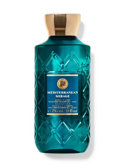 Gel de duș turcoaz Bath & Body Works Mediterranean Mirage (295 ml) în sticlă texturată cu capac auriu.