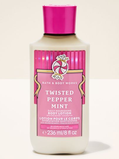 Loțiune de corp Twisted Peppermint Bath & Body Works cu motiv de bomboană mentolată și fundă aurie
