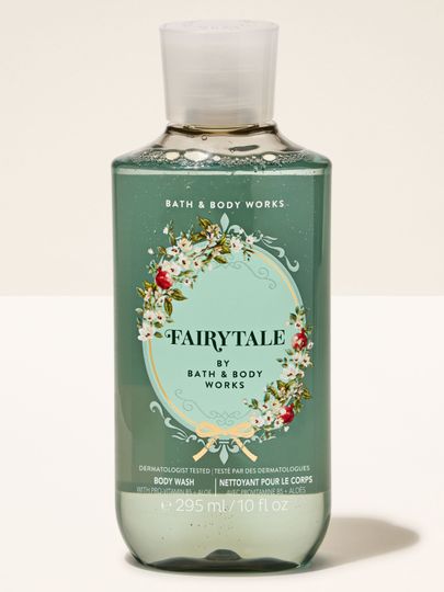Gel de duș Fairytale de la Bath & Body Works, flacon verde cu capac flip-top și etichetă florală.