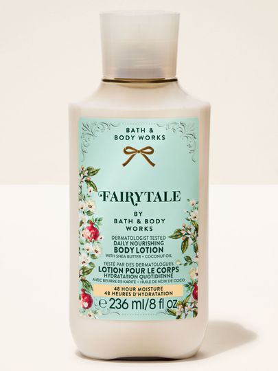 Loțiune de corp Fairytale de la Bath & Body Works, flacon deschis cu capac flip-top și etichetă romantică, florală.