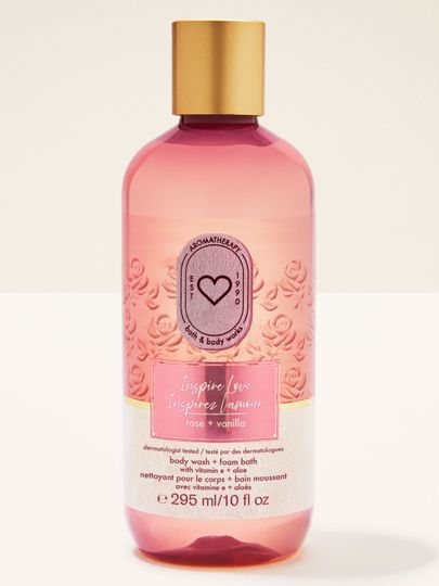 Aromatherapy Inspire Love rose + vanilla Bath & Body Works – gel roz roz, cu design floral romantic.