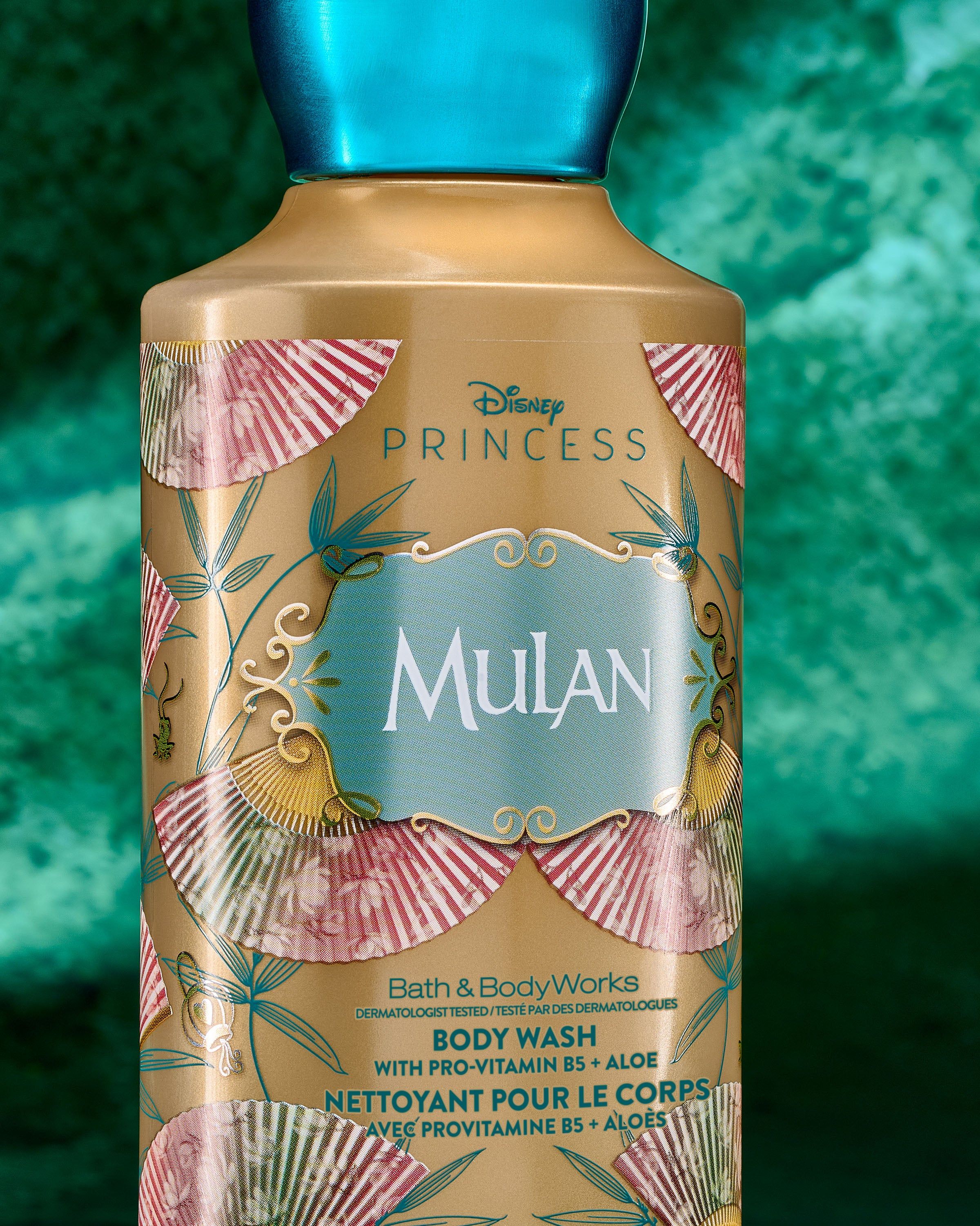 Gel de duș Mulan într-un recipient decorativ, inspirat de elementele colecției Disney Princess.