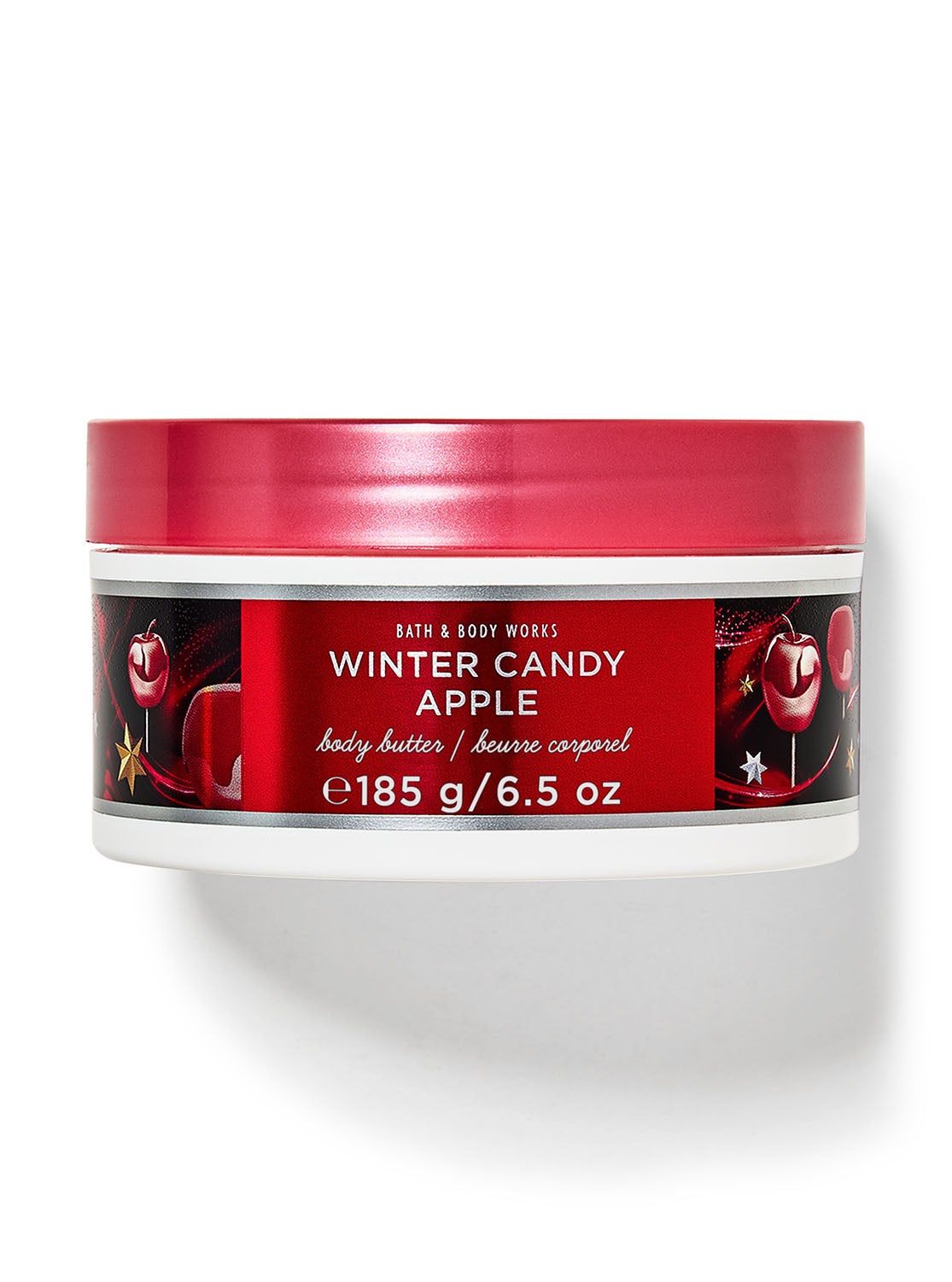 Nádobka s tělovým máslem "Winter Candy Apple" s červeným víčkem a svátečním motivem jablek. Bath & Body Works.