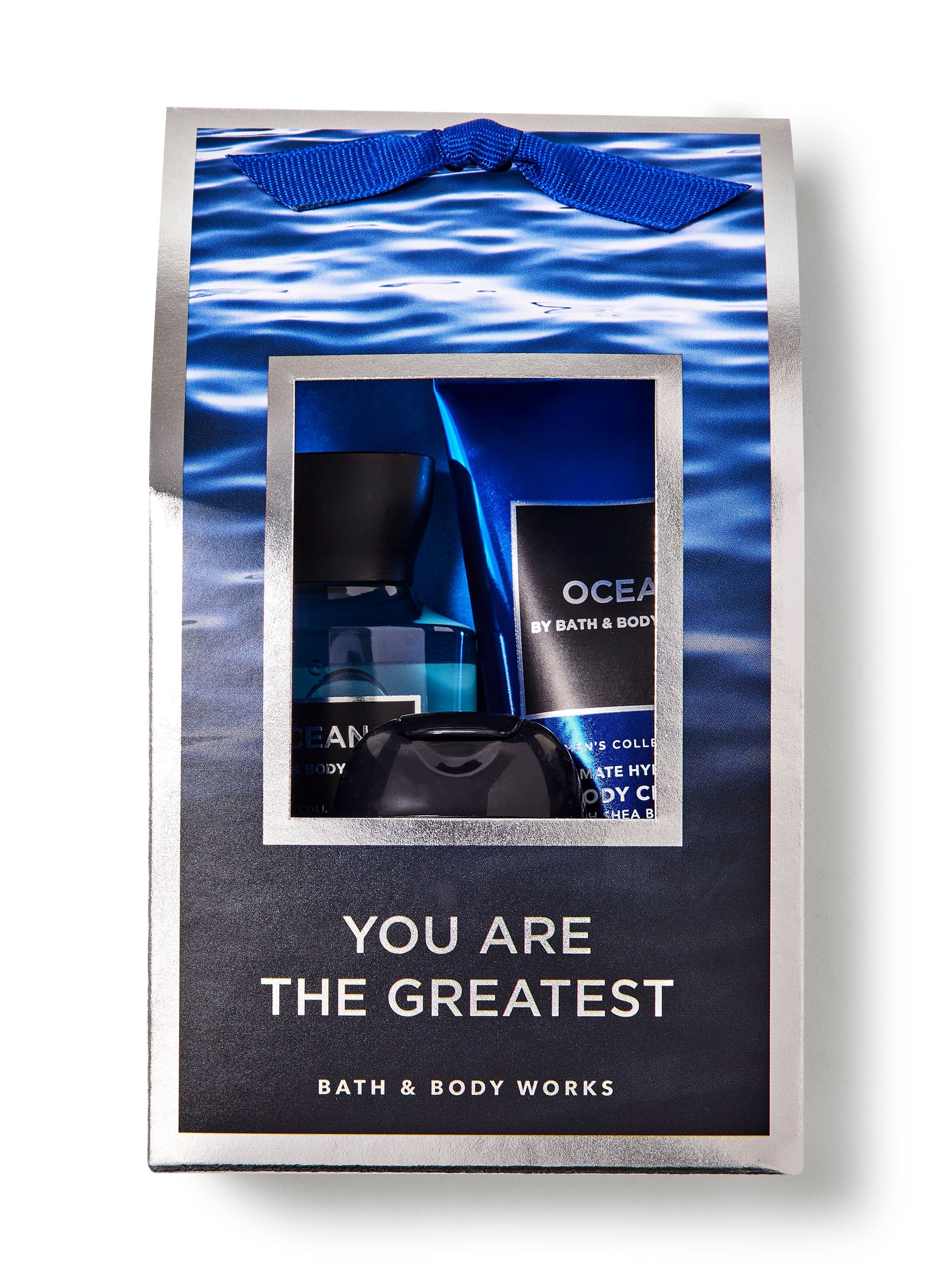 Set Bath & Body Works Ocean pentru el: gel, loțiune, PocketBac și cutie cadou.