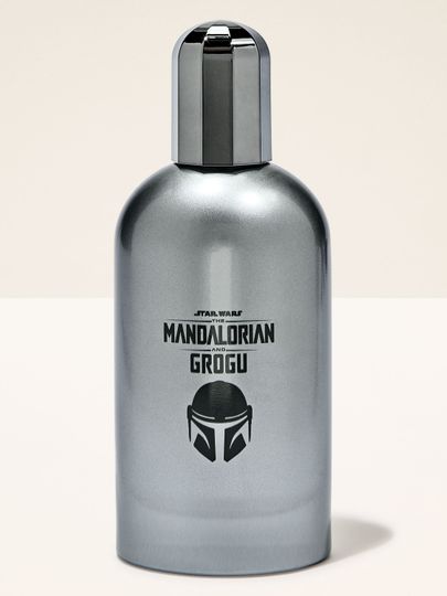 Apă de colonie Mandalorian & Grogu într‑o sticlă metalică argintie cu capac