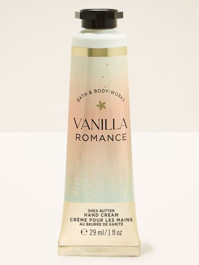 Cremă de mâini Bath & Body Works Vanilla Romance în tub pastelat, 29 ml.