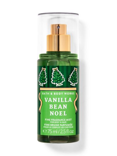 Mist parfumat pentru corp Vanilla Bean Noel Bath & Body Works în format de călătorie cu motiv de brazi