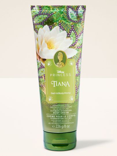 Cremă de corp Tiana Disney Princess – design verde floral și hidratare intensă 48h.