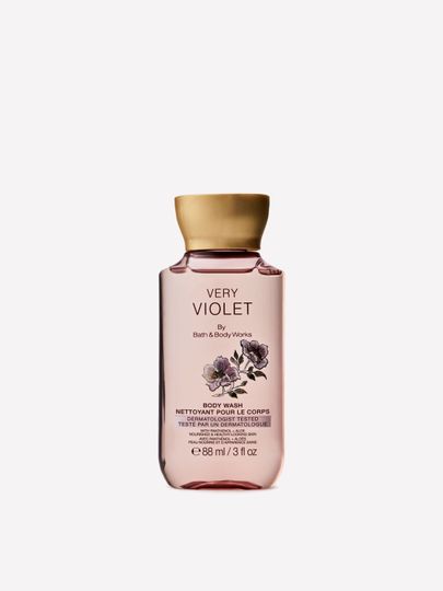 Gel de duș Very Violet Bath & Body Works cu flori de violetă pe etichetă