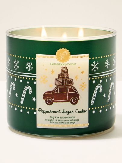 Lumânare parfumată Peppermint Sugar Cookie Bath & Body Works cu 3 fitiluri și motiv de mașină cu cadouri