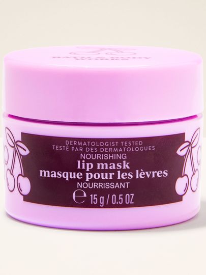 Masca nutritivă pentru buze în borcan roz cu motif cireșe, perfectă pentru hidratare.