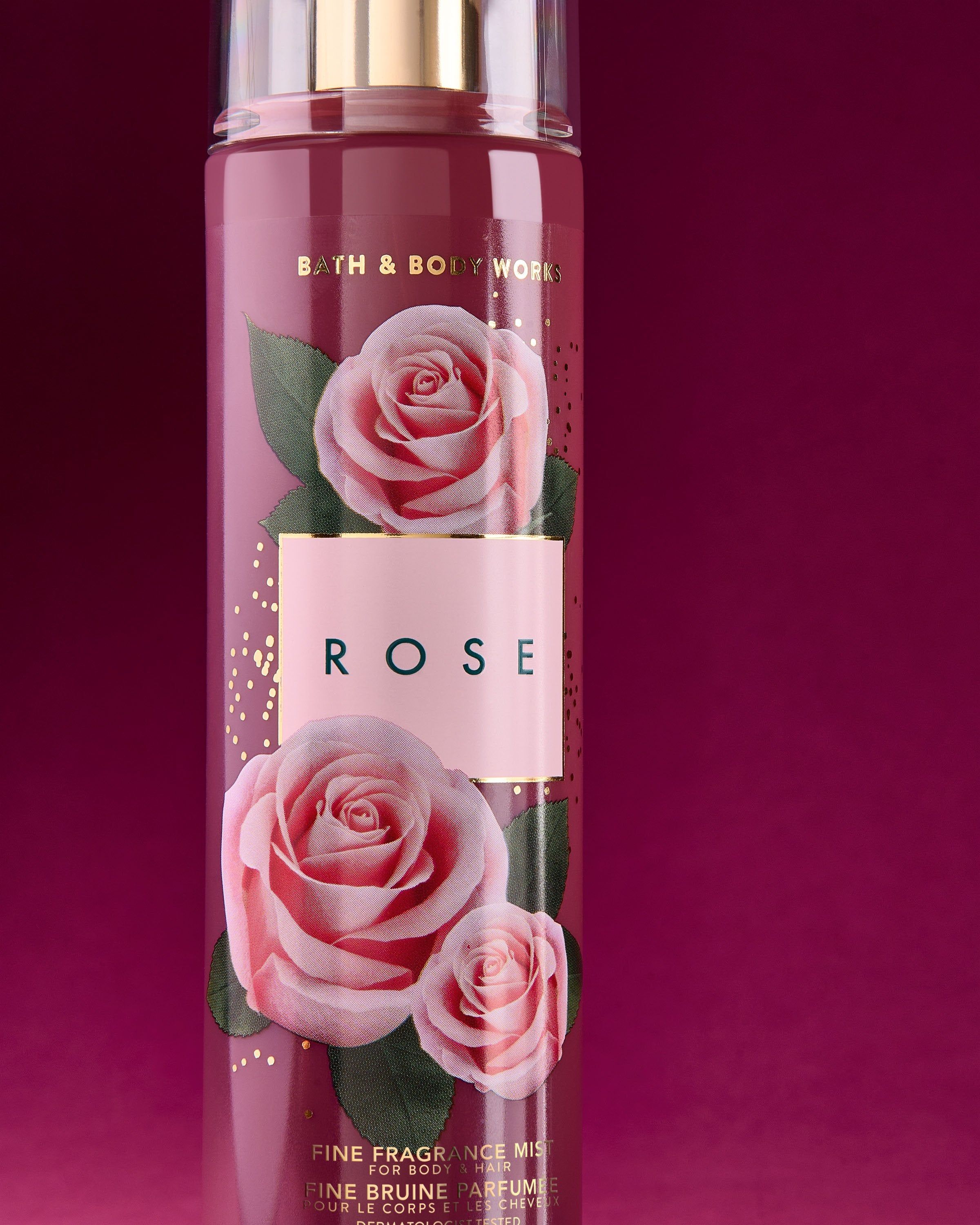 Bath & Body Works Rose – spray roz cu trandafiri și pulverizator auriu, cu parfum floral delicat.