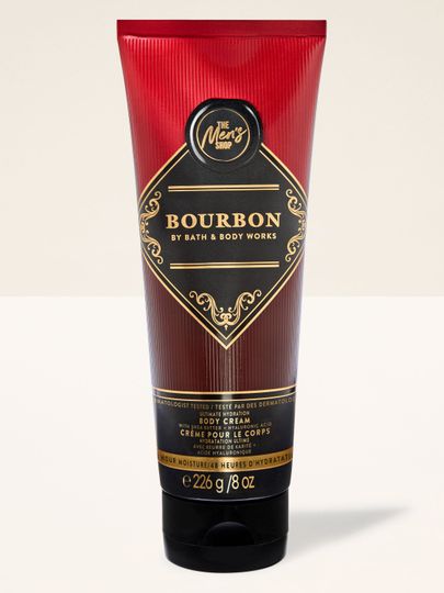 Bath & Body Works Bourbon – cremă de corp pentru bărbați, într-un tub negru și burgund cu etichetă decorativă.