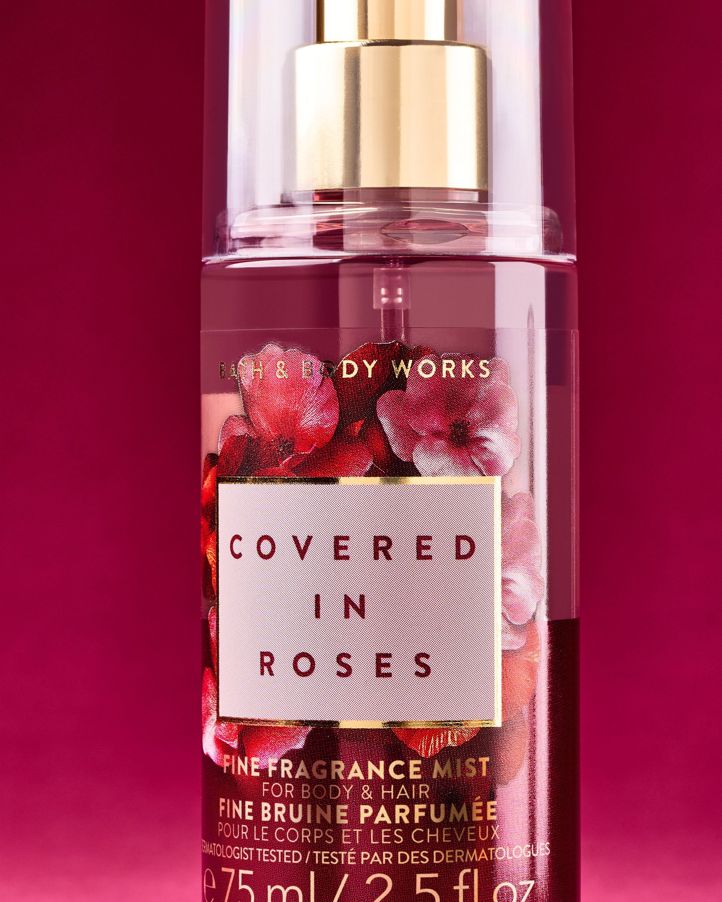 Bath & Body Works Covered in Roses – spray roz cu trandafiri și pulverizator auriu, pentru corp și păr.
