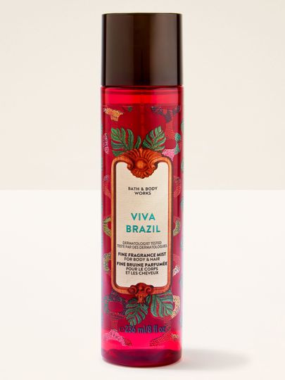 Mgiełcă parfumată Viva Brazil de la Bath & Body Works, flacon roșu cu atomizor și grafică exotică decorativă.