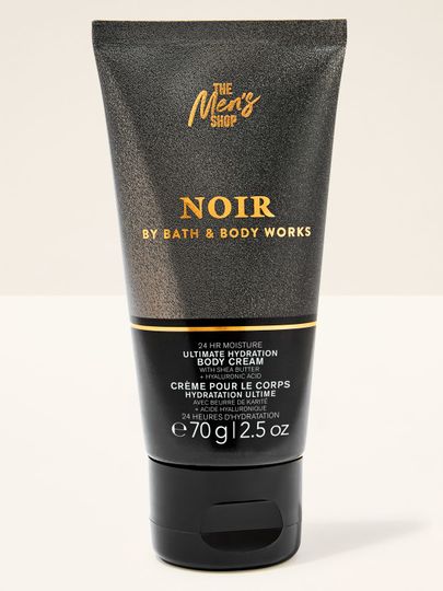 Cremă de corp Bath&Body Works Noir. Tub mic, metalic, de culoare neagră, cu inscripții de culoare aurie.
