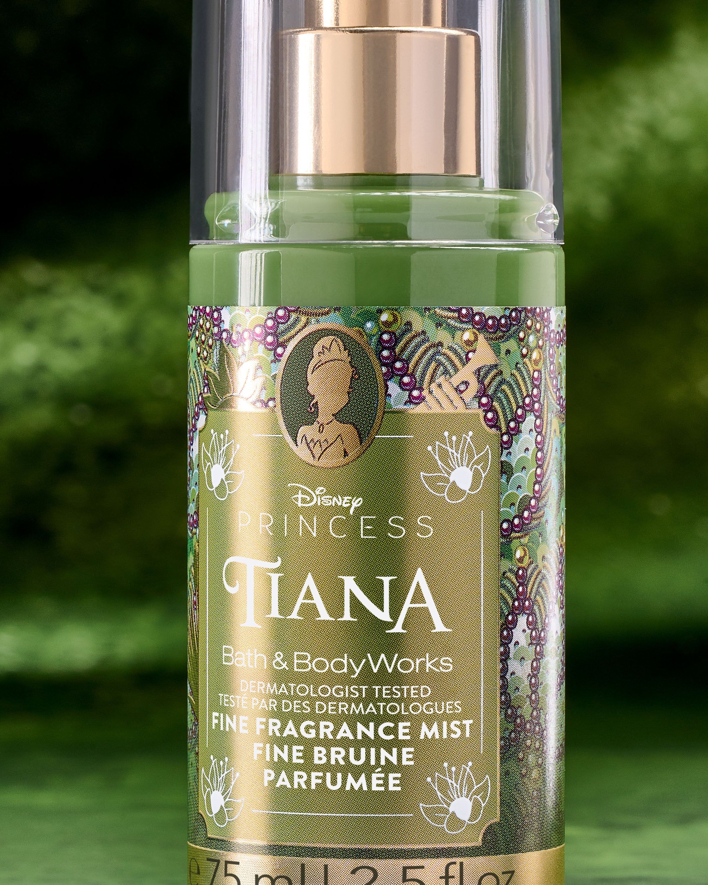 Mini spray parfumat Tiana de la Bath & Body Works, în flacon verde strălucitor cu detalii botanice.