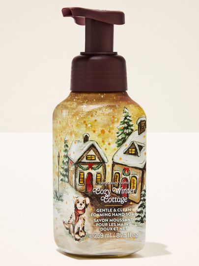Săpun spumă Cozy Winter Cottage Bath & Body Works cu motiv de iarnă, căsuțe, brazi și câine
