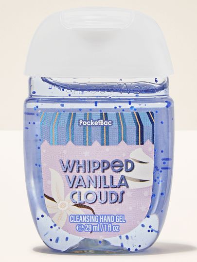Gel antibacterian albastru PocketBac Whipped Vanilla Clouds Bath & Body Works cu etichetă vanilată