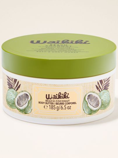 Unt de corp Bath & Body Works Waikiki Beach Coconut cu motiv cocos și capac verde.