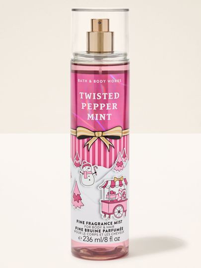 Mist parfumat pentru corp Twisted Peppermint Bath & Body Works cu motiv de om de zăpadă și bastonașe de zahăr