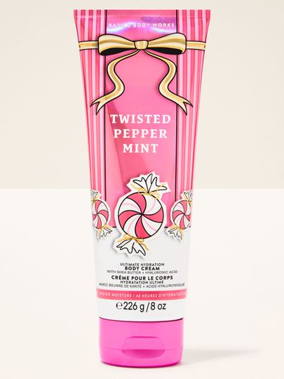 Cremă de corp Twisted Peppermint Bath & Body Works cu motiv de bomboane mentolate și fundă aurie