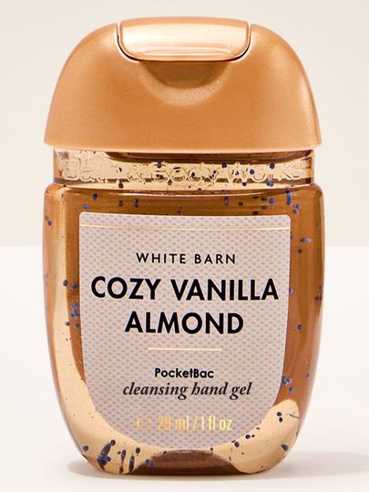 Gel de mâini pentru curățare PocketBac Cozy Vanilla Almond White Barn cu particule albastre