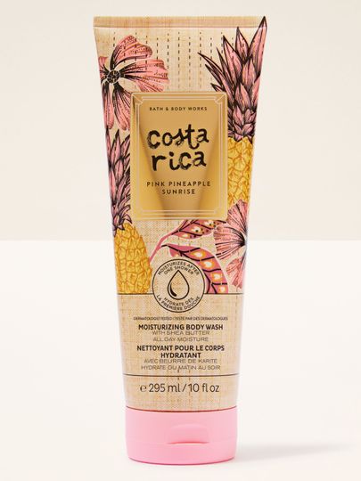 Gel de duș hidratant Costa Rica Pink Pineapple Sunrise în tub cu grafică tropicală și accente roz.