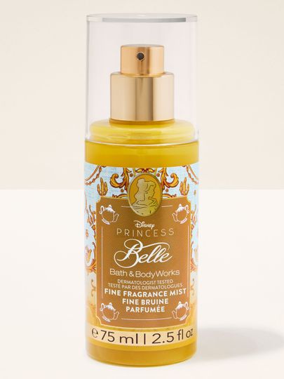 Mini spray parfumat Belle din colecția Disney Princess de la Bath & Body Works, în flacon auriu‑galben strălucitor.