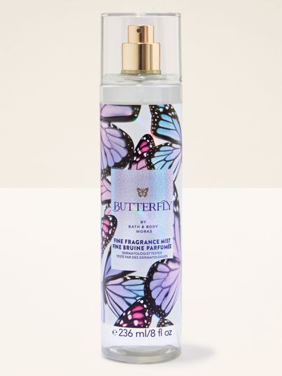 Spray parfumat Bath & Body Works Butterfly în flacon transparent cu model de fluturi