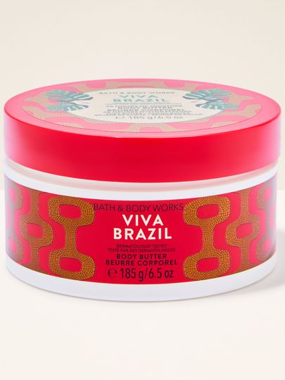 Unt de corp Bath & Body Works Viva Brazil cu etichetă grafică roșu‑aurie.
