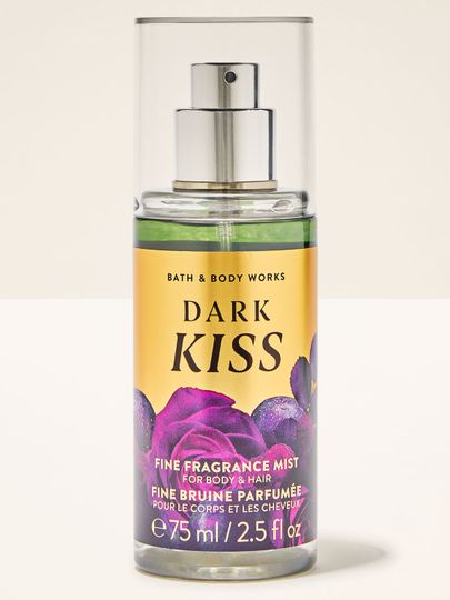 Mini spray Dark Kiss într‑un flacon auriu‑violet cu trandafiri.