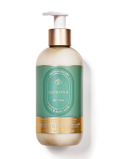 Loțiune de corp Bath & Body Works Aromatherapy "Eucalyptus" în sticlă cu pompă și etichetă verde.