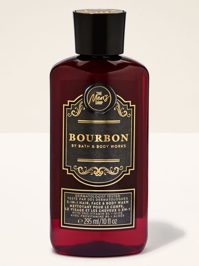 Bath & Body Works Bourbon – gel 3‑în‑1 pentru păr, față și corp, într-un flacon închis cu etichetă decorativă.