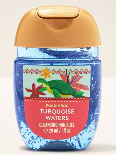 PocketBac Turquoise Waters – gel de mâini în recipient albastru, cu capac auriu și etichetă cu broască țestoasă.