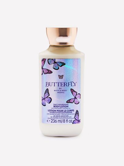 Loțiune de corp Butterfly Bath & Body Works într‑o sticlă deschisă cu etichetă holografică și motiv de fluturi