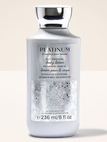 Loțiune de corp Bath & Body Works Platinum în sticlă argintie lucioasă, 236 ml.