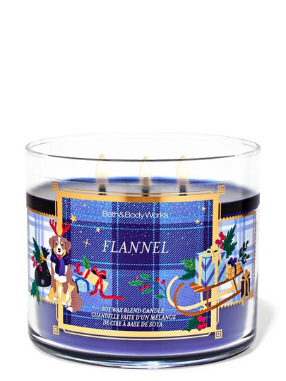 Lumânare parfumată Flannel Bath & Body Works cu 3 fitiluri și motiv de câine și sanie cu cadouri