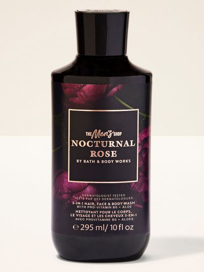 Gel 3‑în‑1 Nocturnal Rose Bath & Body Works – design masculin, tonuri întunecate și aromă elegantă.