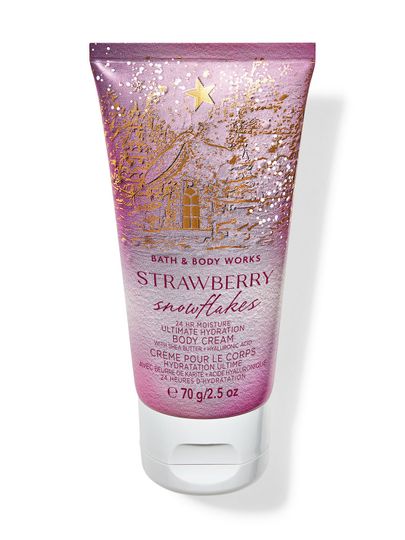 Malý tělový krém "Strawberry Snowflakes" s motivem růžové zimní krajiny a hvězdiček. Bath & Body Works.