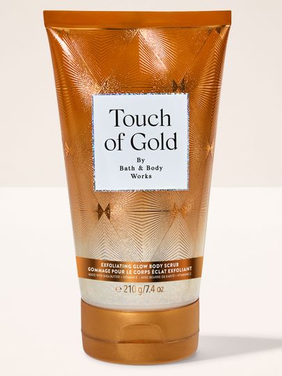 Touch of Gold – scrub de corp Bath & Body Works în tub auriu cu model strălucitor din colecția Touch of Gold