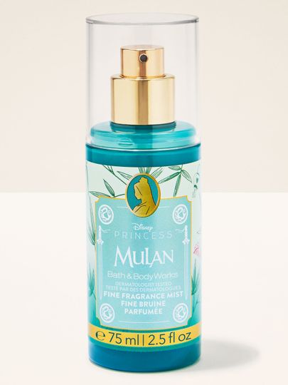 Mini spray parfumat Mulan din colecția Disney Princess de la Bath & Body Works, în flacon turcoaz strălucitor.