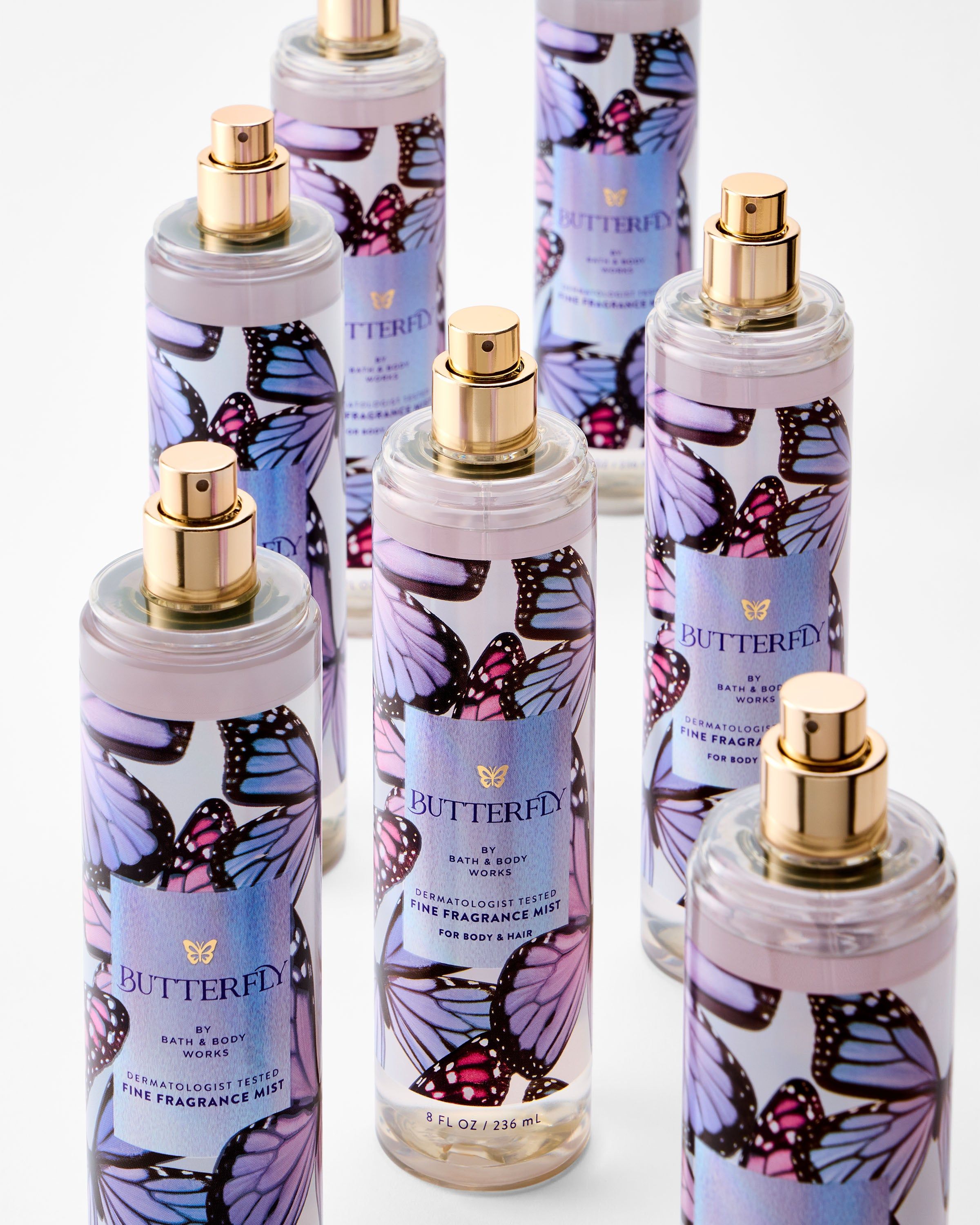 Mist parfumat pentru corp Butterfly Bath & Body Works, 236 ml, ambalaj cu model de fluturi