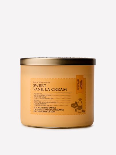 Lumânare parfumată Bath & Body Works Sweet Vanilla Cream din amestec de ceară de soia, 3 fitiluri
