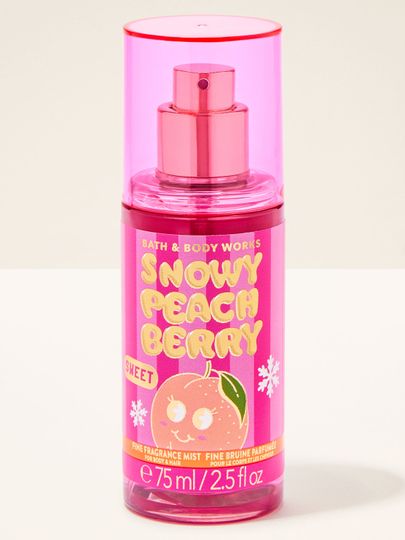 Mist parfumat pentru corp Snowy Peach Berry Bath & Body Works în format de călătorie cu motiv de piersică și fulgi de zăpadă