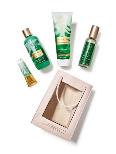 Set de aromaterapie Bath & Body Works "Stress Relief: Eucalyptus & Spearmint" și o pungă cadou roz pal.