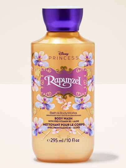 Gel de duș Rapunzel într-un recipient decorativ, inspirat de elementele colecției Disney Princess.