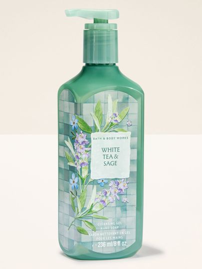 Gel pentru mâini Bath & Body Works White Tea & Sage 236 ml, în flacon verde cu motiv vegetal.